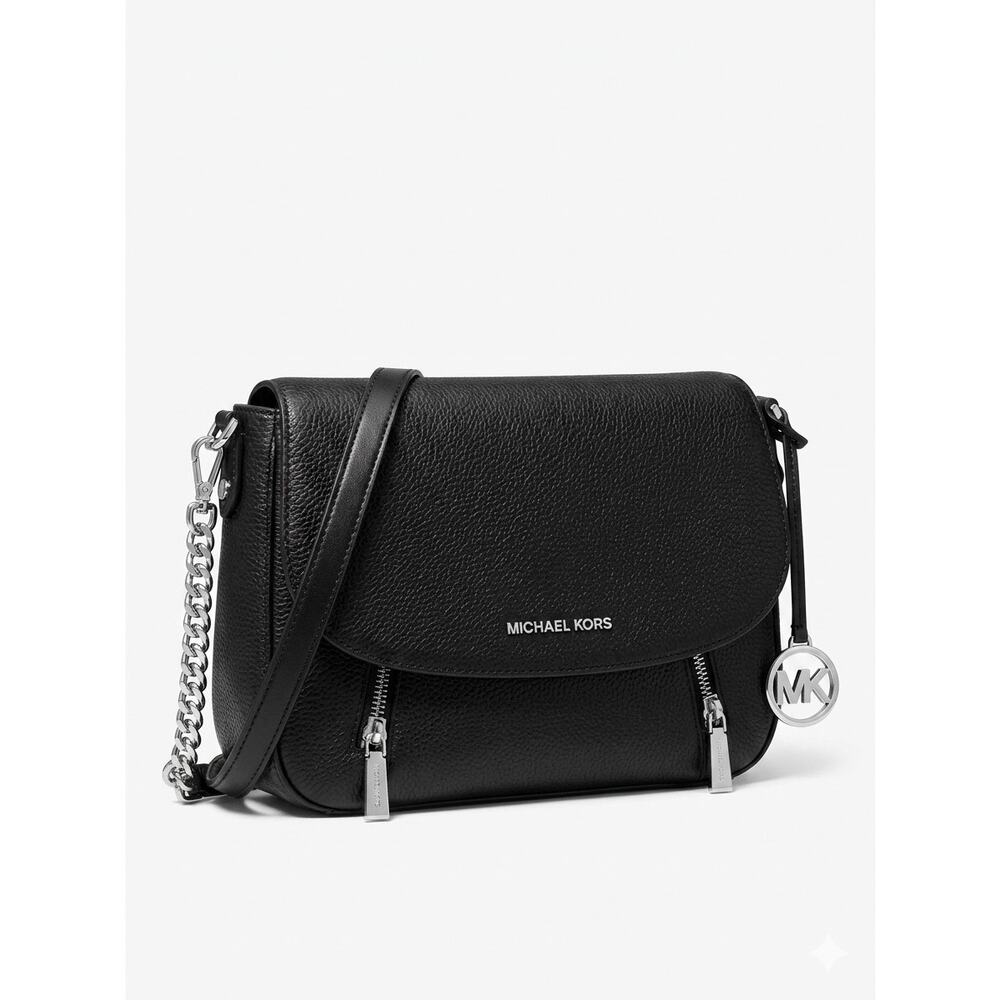 Michael Kors Black Pebbled Leather Flap Shoulder Bag  Dual Zip Pockets